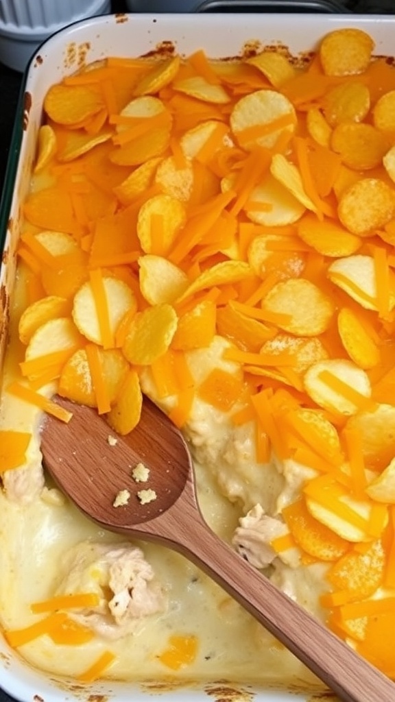 A delicious chicken casserole topped with cheese and potato chips, served in a cozy kitchen.